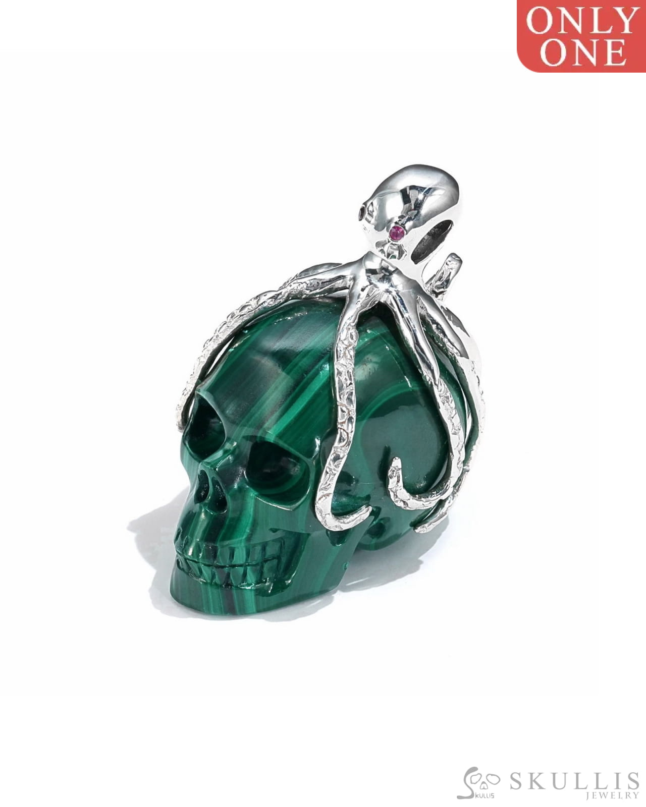 Gem Skull Pendant Necklace Of Malachite Carved With Ruby Eyes Octopus In 925 Sterling Silver -