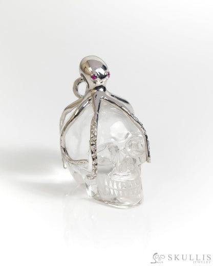 Gem Skull Pendant Necklace of Quartz Rock Crystal Carved Skull with Ruby Eyes Octopus in 925 Sterling Silver