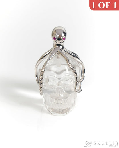 Gem Skull Pendant Necklace of Quartz Rock Crystal Carved Skull with Ruby Eyes Octopus in 925 Sterling Silver