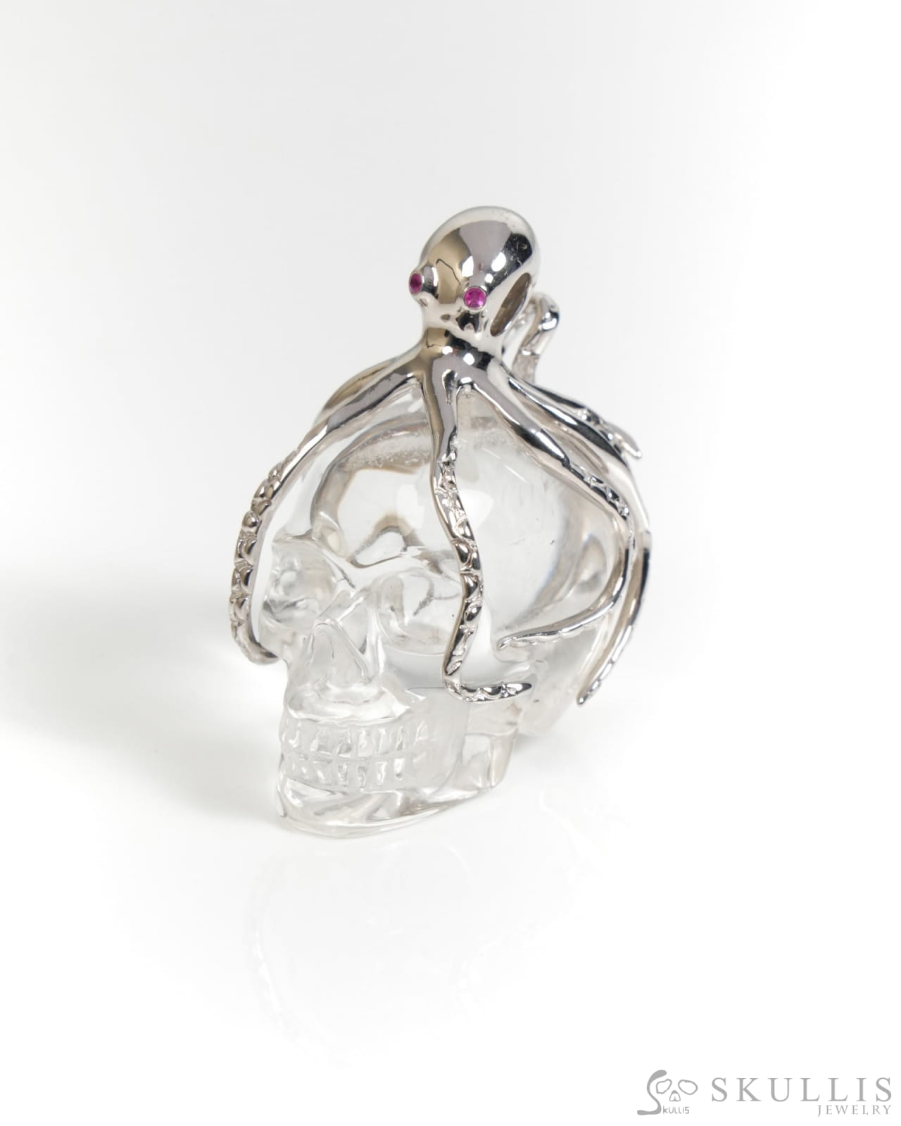 Gem Skull Pendant Necklace of Quartz Rock Crystal Carved Skull with Ruby Eyes Octopus in 925 Sterling Silver