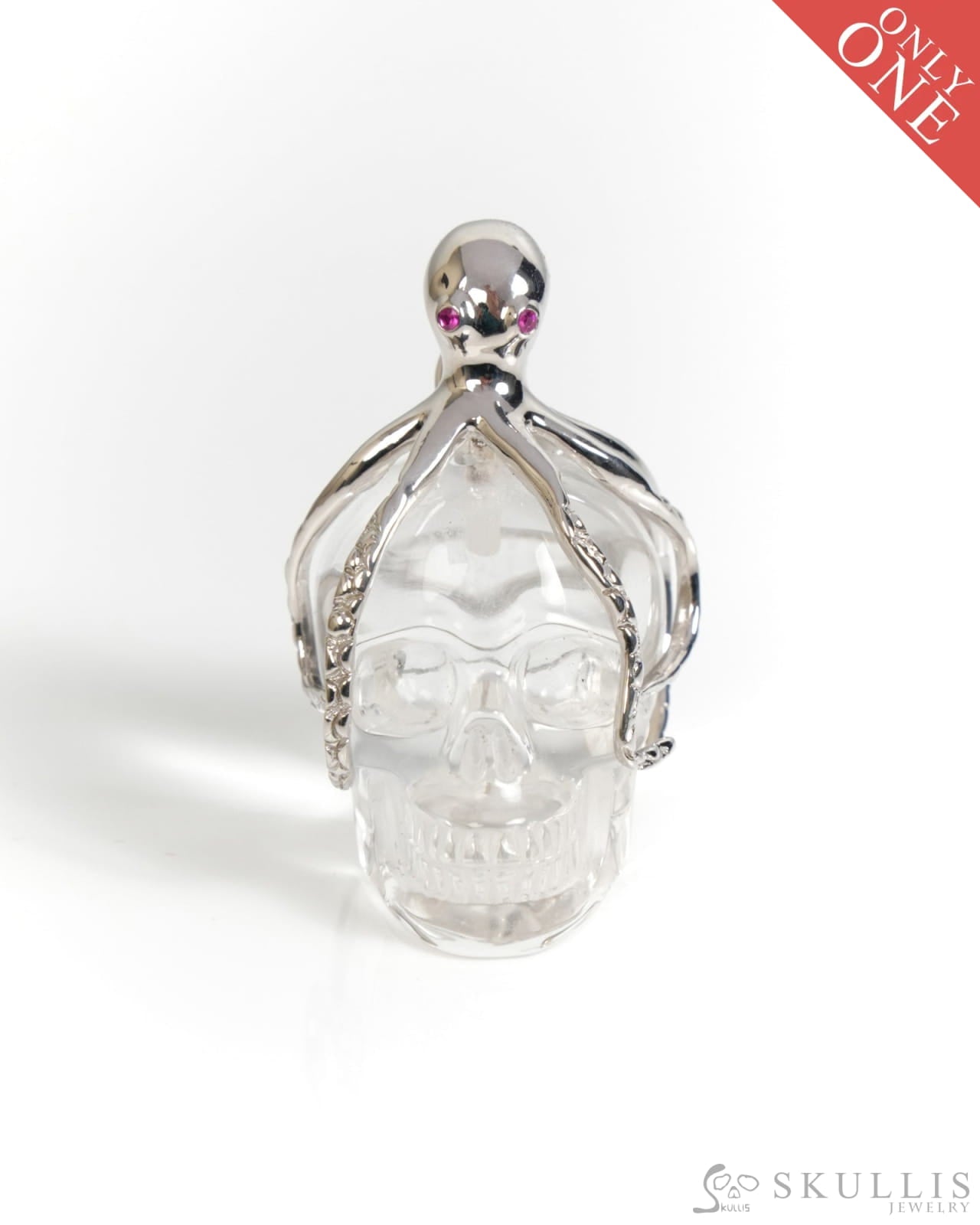 Gem Skull Pendant Necklace of Quartz Rock Crystal Carved Skull with Ruby Eyes Octopus in 925 Sterling Silver
