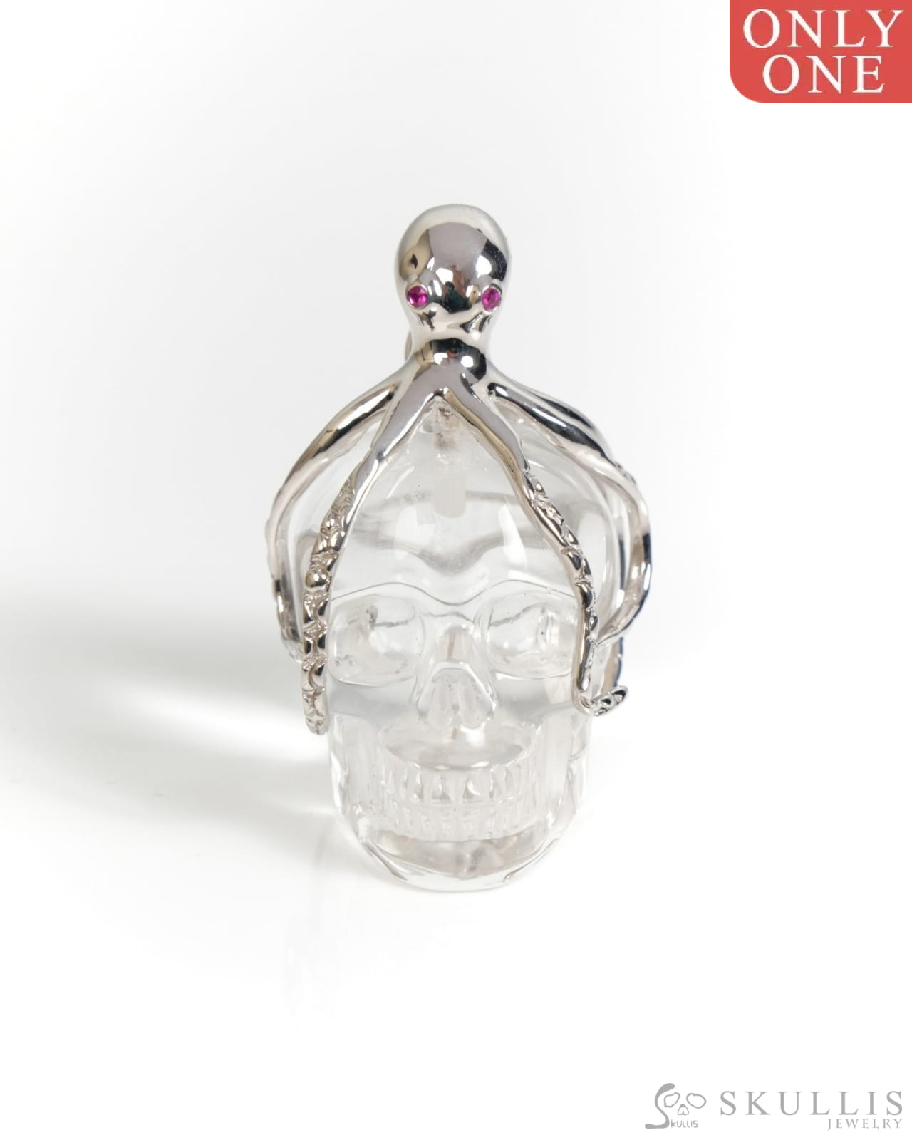Gem Skull Pendant Necklace of Quartz Rock Crystal Carved Skull with Ruby Eyes Octopus in 925 Sterling Silver