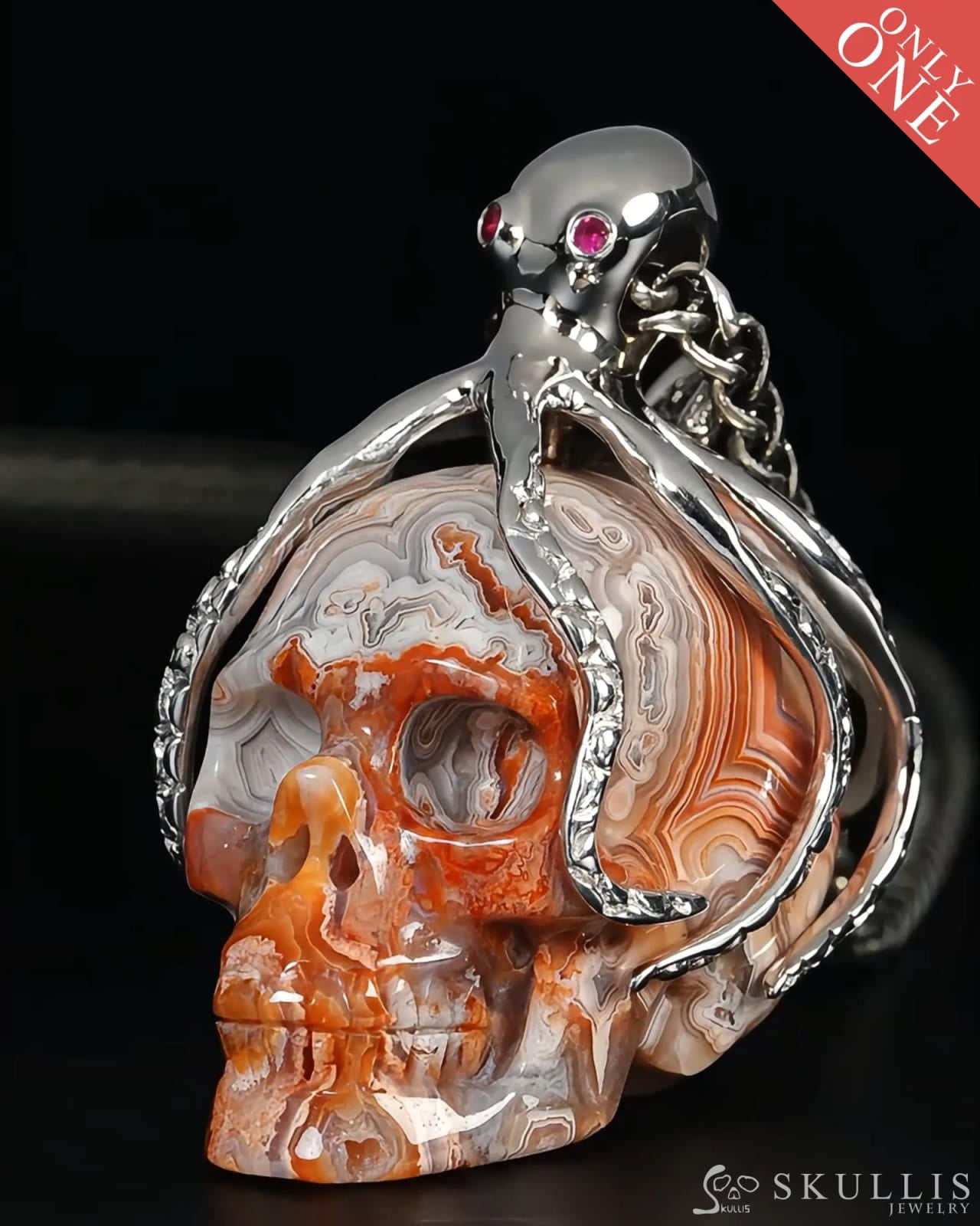 Gem Skull Pendant Necklace of Red Crazy Lace Agate Carved Skull with Ruby Eyes Octopus in 925 Sterling Silver - 9500283
