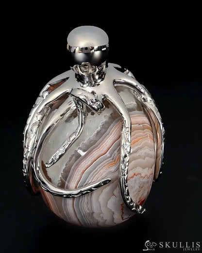 Gem Skull Pendant Necklace of Red Crazy Lace Agate Carved Skull with Ruby Eyes Octopus in 925 Sterling Silver - 9500283