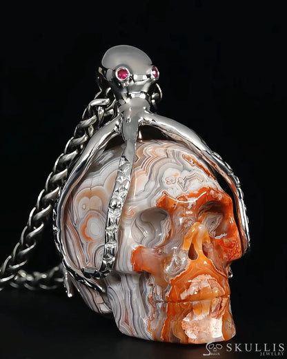 Gem Skull Pendant Necklace of Red Crazy Lace Agate Carved Skull with Ruby Eyes Octopus in 925 Sterling Silver - 9500283