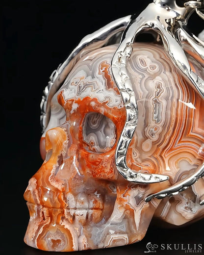 Gem Skull Pendant Necklace of Red Crazy Lace Agate Carved Skull with Ruby Eyes Octopus in 925 Sterling Silver - 9500283