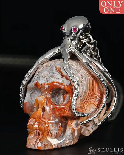 Gem Skull Pendant Necklace of Red Crazy Lace Agate Carved Skull with Ruby Eyes Octopus in 925 Sterling Silver - 9500283