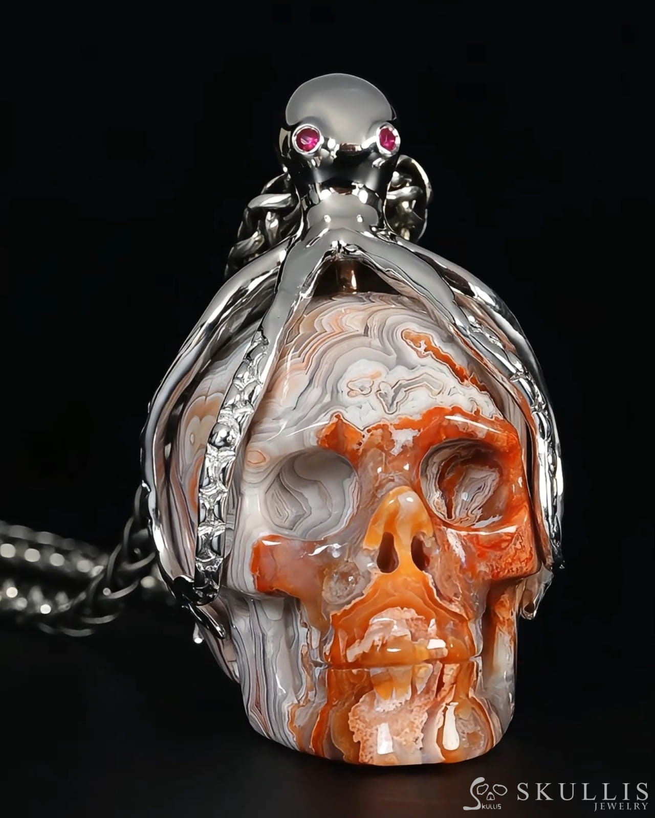 Gem Skull Pendant Necklace of Red Crazy Lace Agate Carved Skull with Ruby Eyes Octopus in 925 Sterling Silver - 9500283