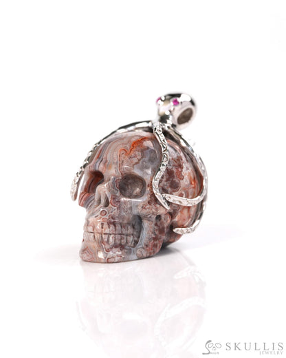 Embrace of the Abyssal Octopus - Gem Skull Pendant Necklace of Red Crazy Lace Agate Carved Skull with Ruby Eyes Octopus