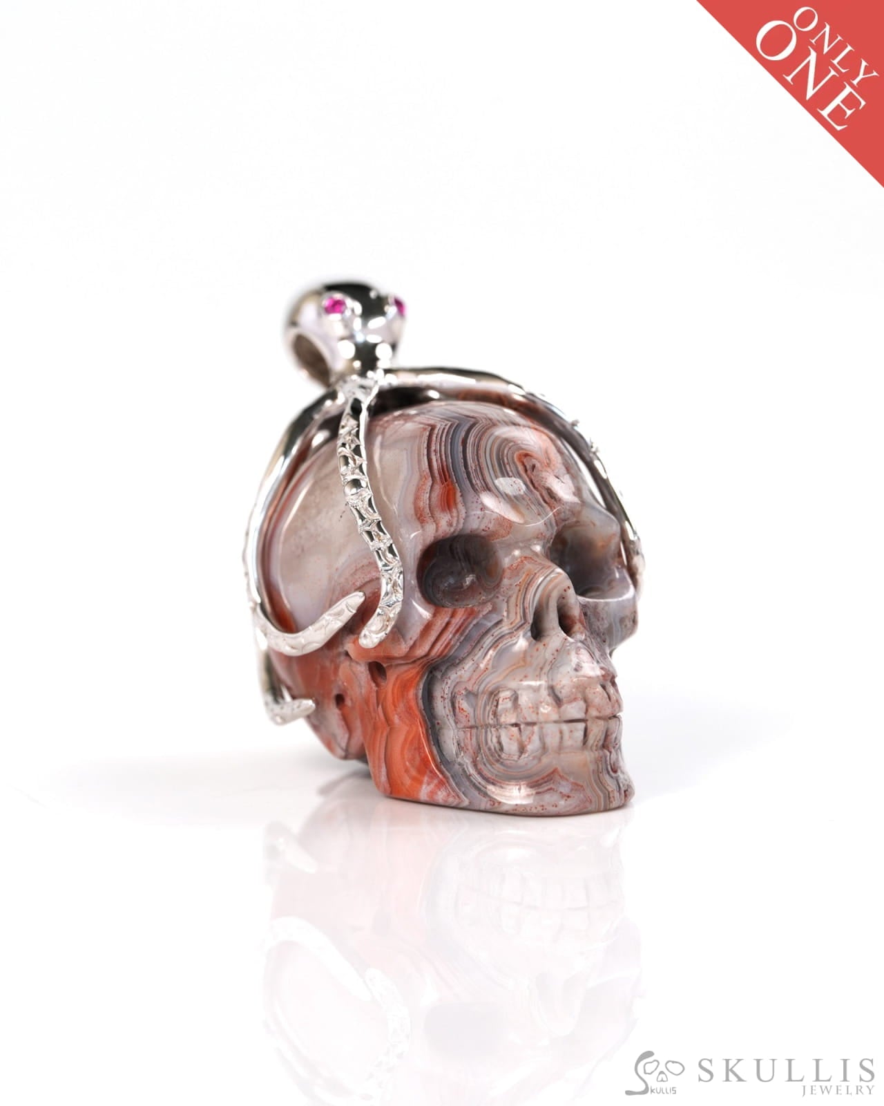 Embrace of the Abyssal Octopus - Gem Skull Pendant Necklace of Red Crazy Lace Agate Carved Skull with Ruby Eyes Octopus