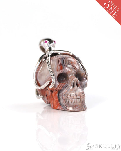 Embrace of the Abyssal Octopus - Gem Skull Pendant Necklace of Red Crazy Lace Agate Carved Skull with Ruby Eyes Octopus