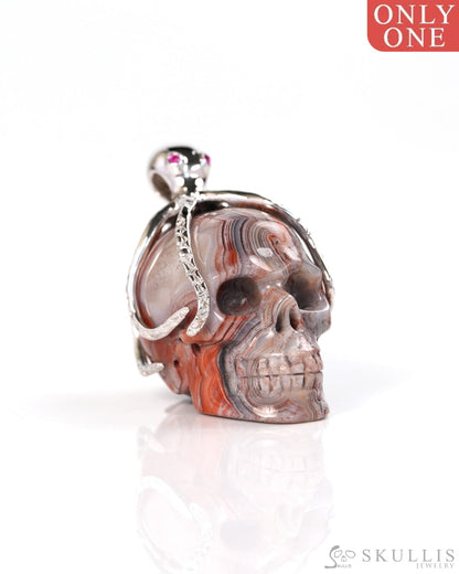 Embrace of the Abyssal Octopus - Gem Skull Pendant Necklace of Red Crazy Lace Agate Carved Skull with Ruby Eyes Octopus