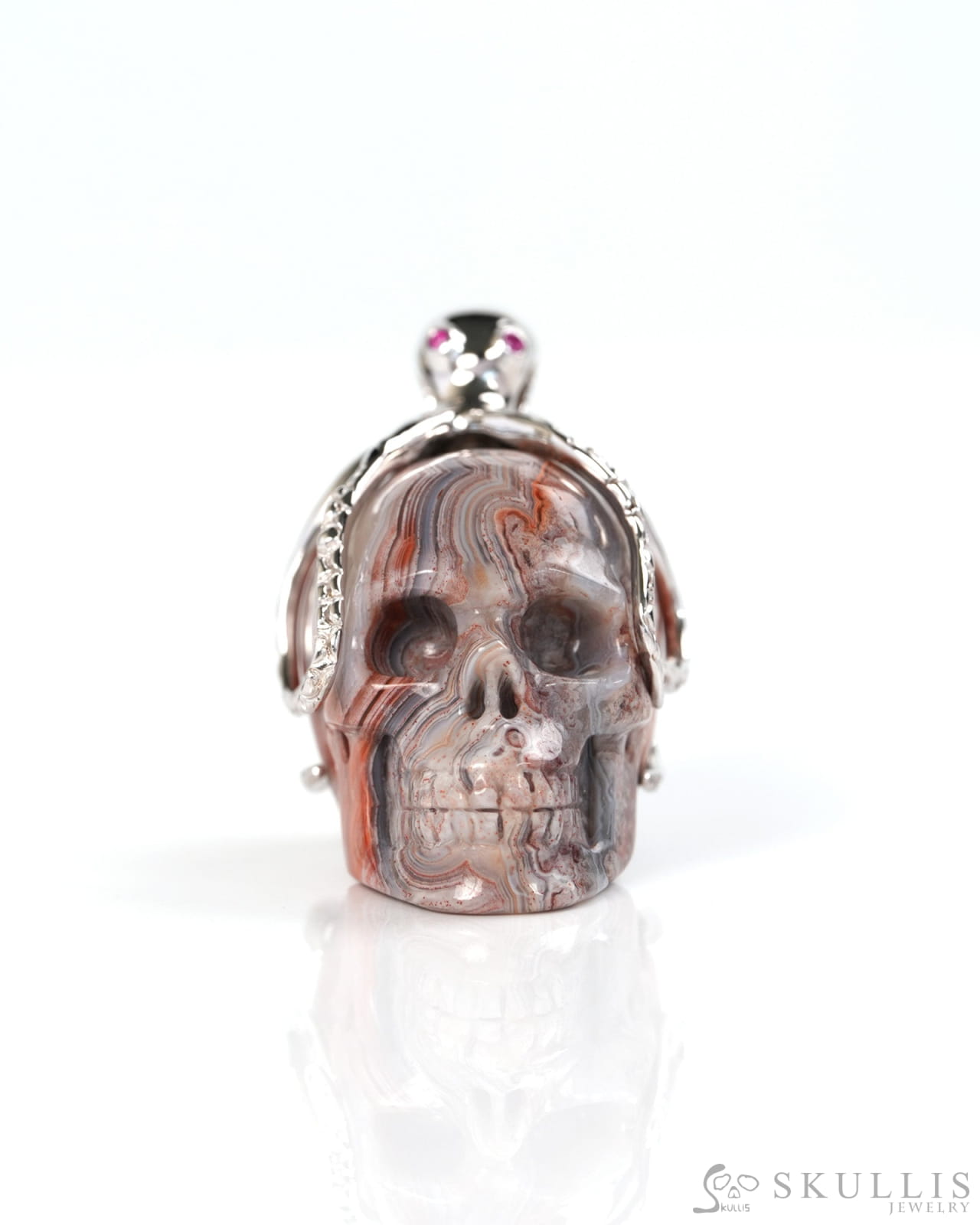 Embrace of the Abyssal Octopus - Gem Skull Pendant Necklace of Red Crazy Lace Agate Carved Skull with Ruby Eyes Octopus