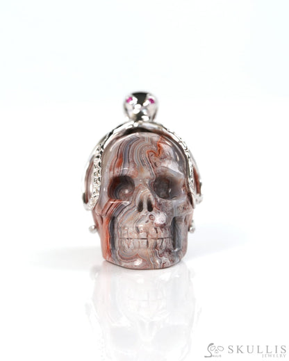 Embrace of the Abyssal Octopus - Gem Skull Pendant Necklace of Red Crazy Lace Agate Carved Skull with Ruby Eyes Octopus