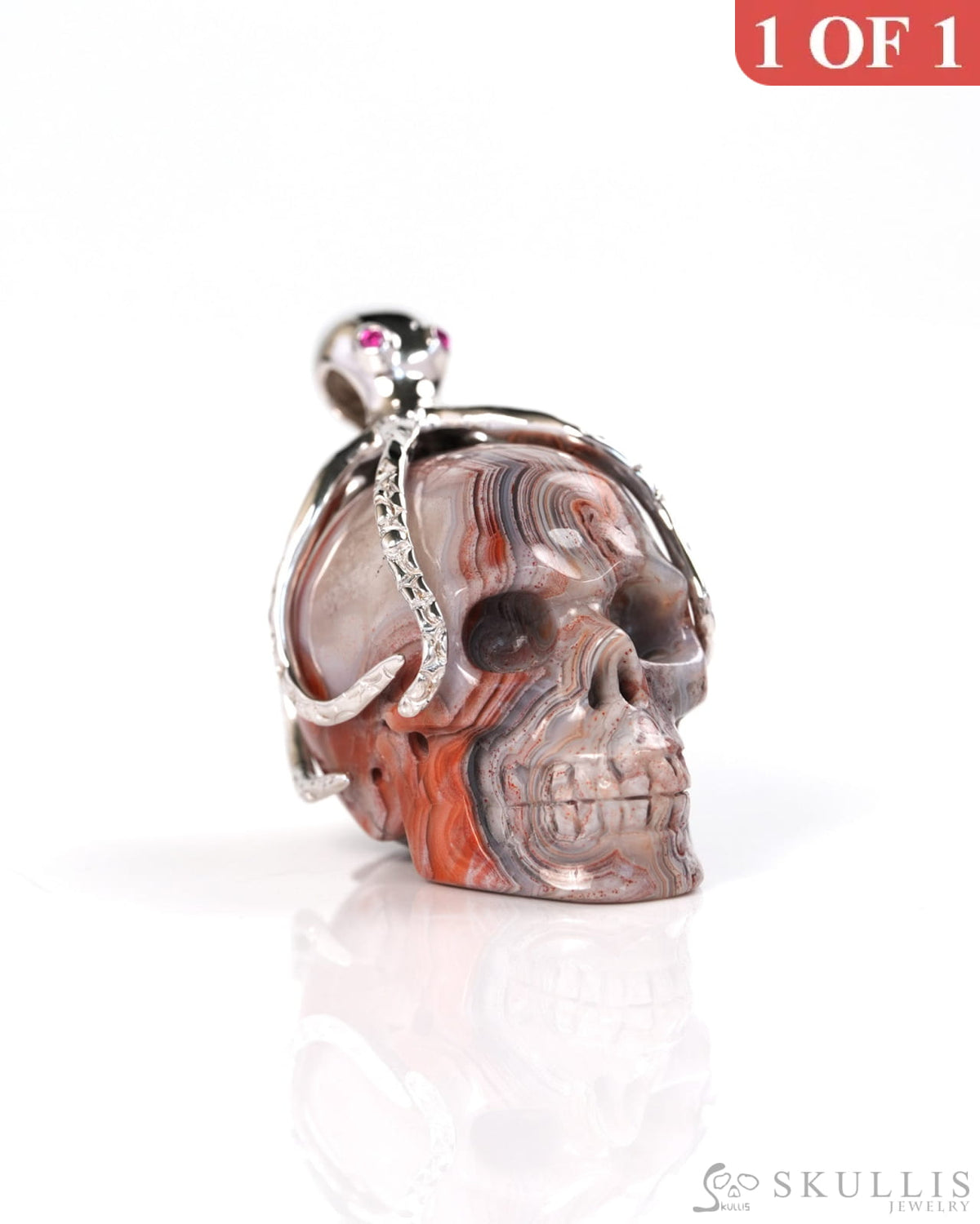 Embrace of the Abyssal Octopus - Gem Skull Pendant Necklace of Red Crazy Lace Agate Carved Skull with Ruby Eyes Octopus