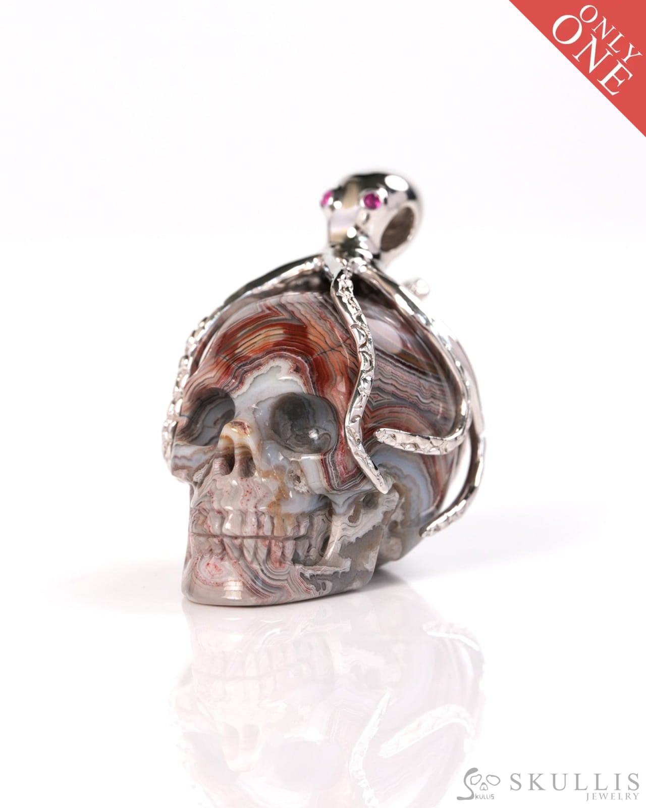 Embrace of the Abyssal Octopus - Gem Skull Pendant Necklace of Red Crazy Lace Agate Carved Skull with Ruby Eyes Octopus