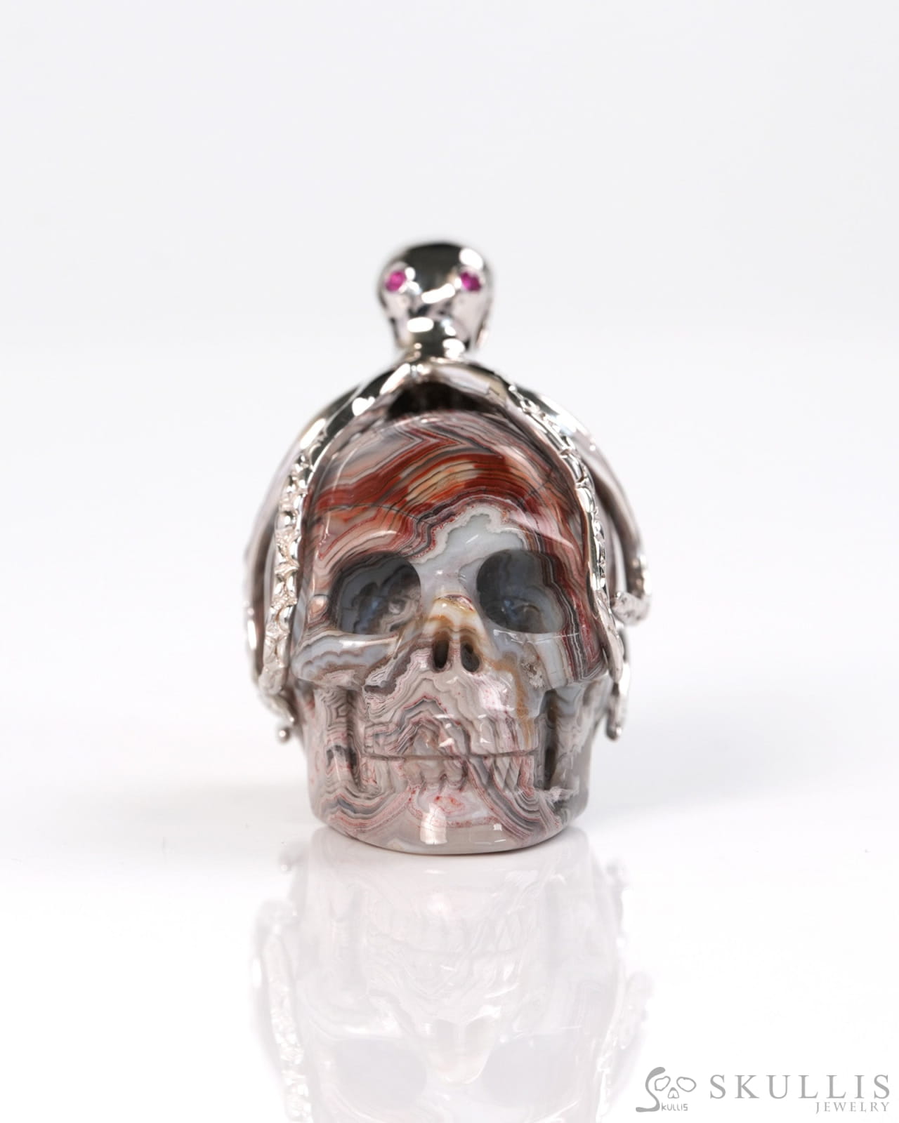 Embrace of the Abyssal Octopus - Gem Skull Pendant Necklace of Red Crazy Lace Agate Carved Skull with Ruby Eyes Octopus