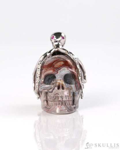 Embrace of the Abyssal Octopus - Gem Skull Pendant Necklace of Red Crazy Lace Agate Carved Skull with Ruby Eyes Octopus