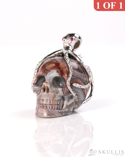 Embrace of the Abyssal Octopus - Gem Skull Pendant Necklace of Red Crazy Lace Agate Carved Skull with Ruby Eyes Octopus
