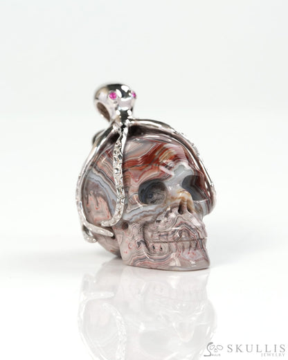 Embrace of the Abyssal Octopus - Gem Skull Pendant Necklace of Red Crazy Lace Agate Carved Skull with Ruby Eyes Octopus