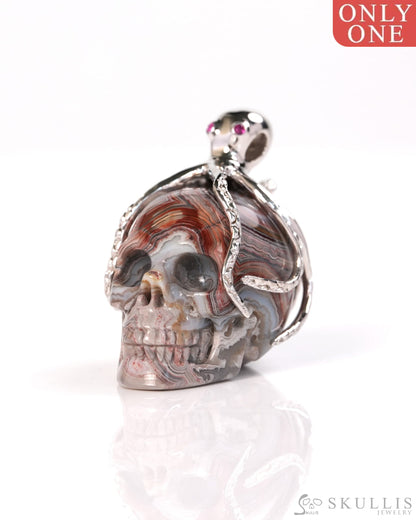Embrace of the Abyssal Octopus - Gem Skull Pendant Necklace of Red Crazy Lace Agate Carved Skull with Ruby Eyes Octopus