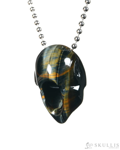 Eternal Night Elf - Gem Skull Pendant Necklace of Blue & Gold Tiger’s Eye Carved Hollow Fairy Elf Alien - 9800548