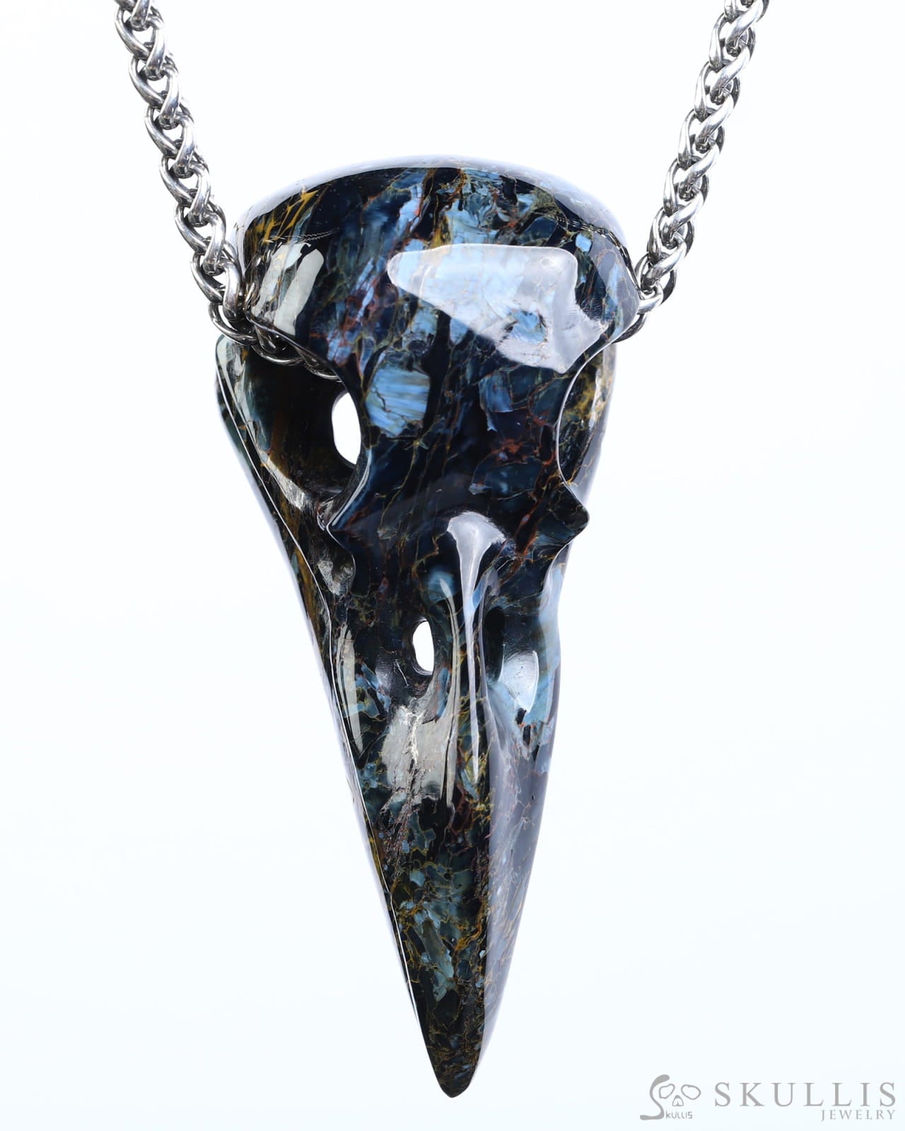 Gem Raven Skull Pendant Necklace of Pietersite Carved Raven Skull - ZR19800575 Skull Pendants