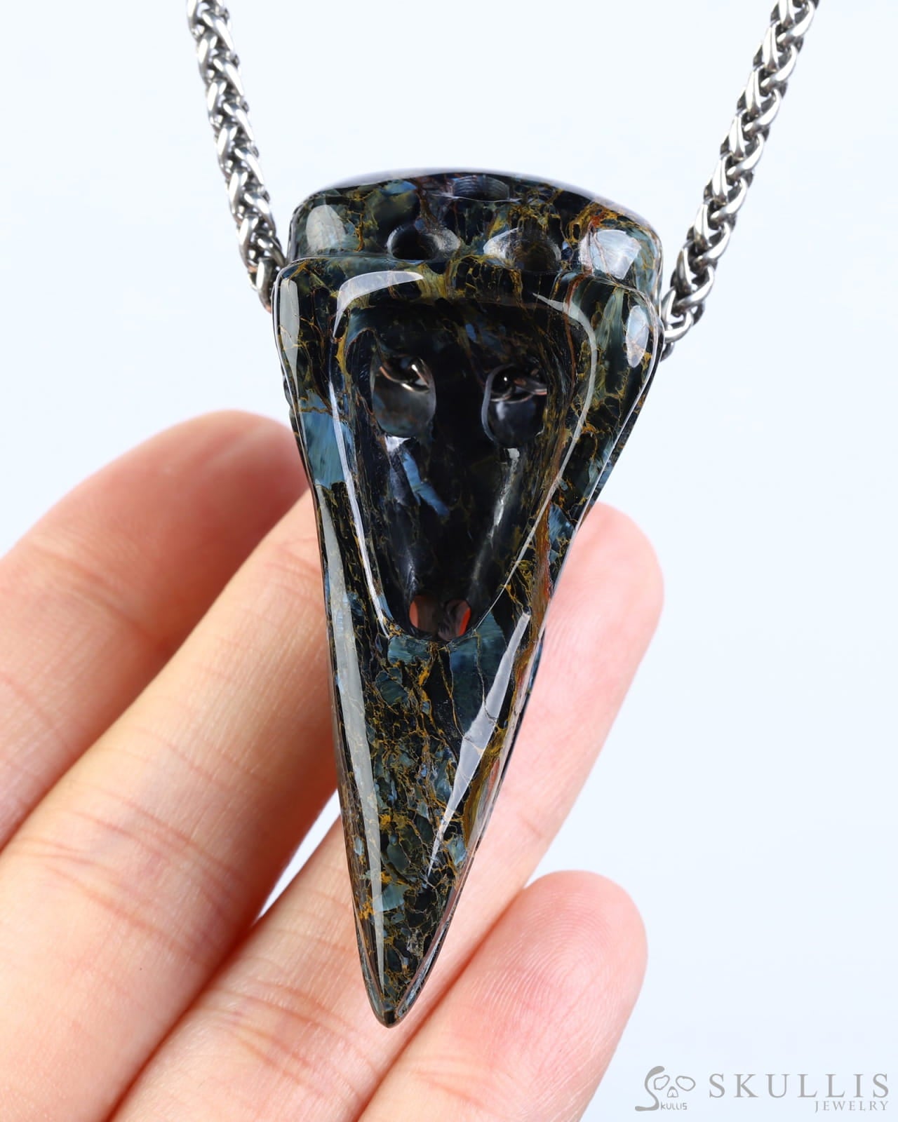 Gem Raven Skull Pendant Necklace of Pietersite Carved Raven Skull - ZR19800575 Skull Pendants