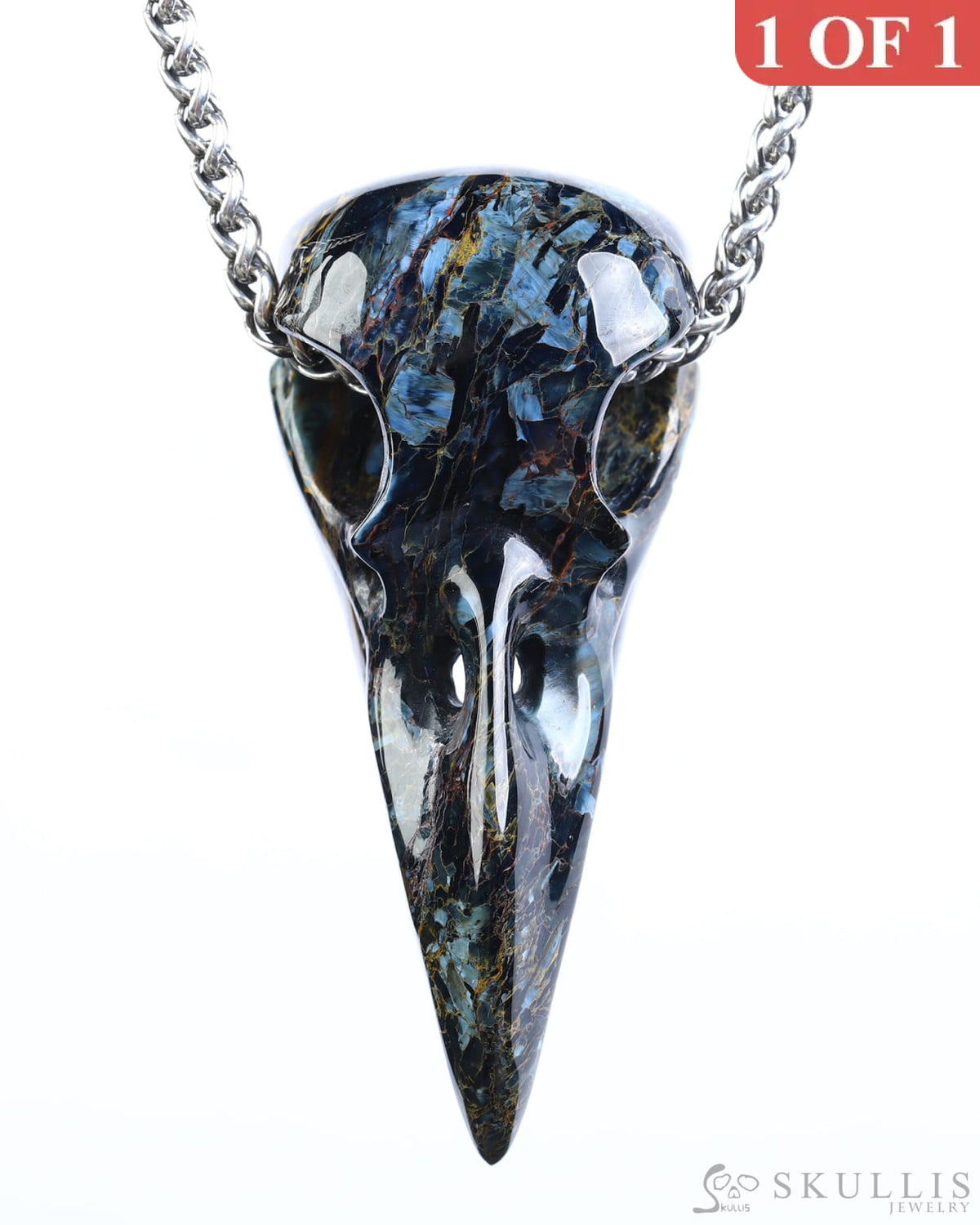 Gem Raven Skull Pendant Necklace of Pietersite Carved Raven Skull - ZR19800575 Skull Pendants