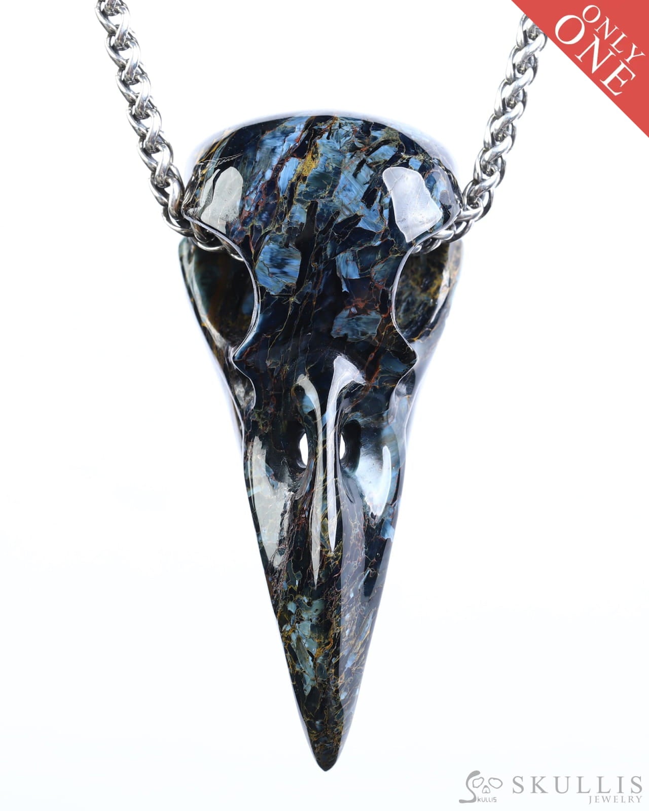 Gem Raven Skull Pendant Necklace of Pietersite Carved Raven Skull - ZR19800575 Skull Pendants