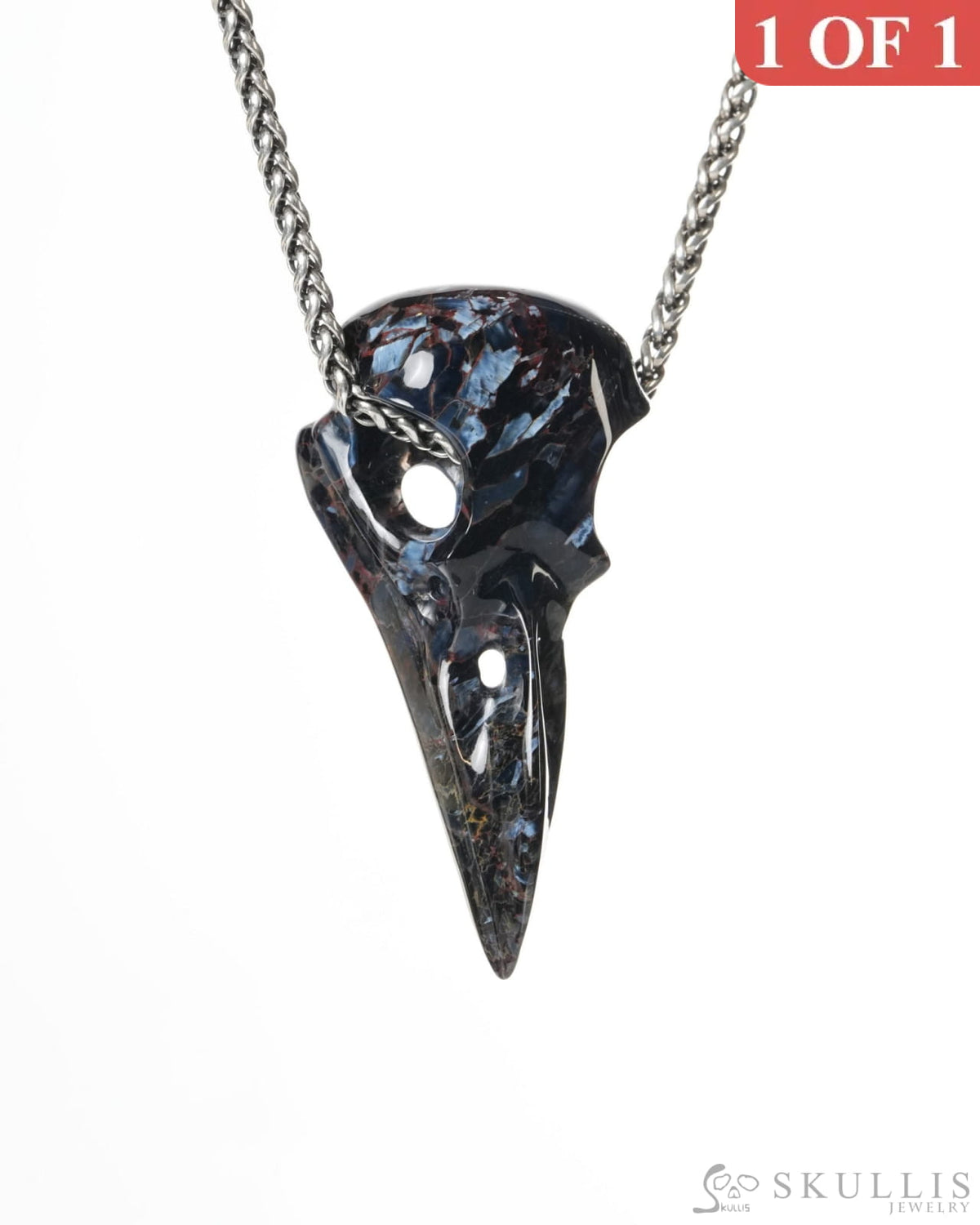 Gem Raven Skull Pendant Necklace of Pietersite Carved Raven Skull - ZR19900182 Skull Pendants