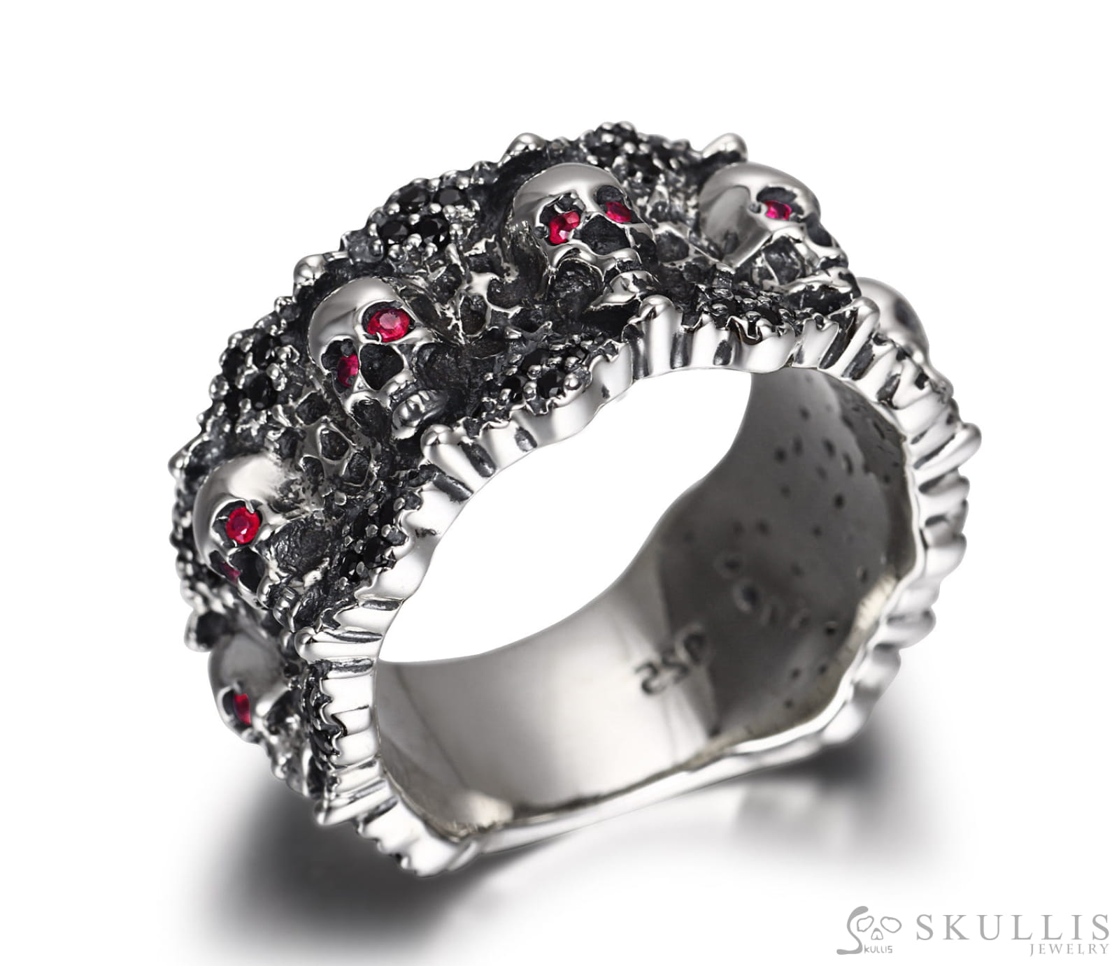 Gem Skull Eyes Of Five Elements Ring Carved Skull With Ruby Eyes In 925 Sterling Silver Skull Rings