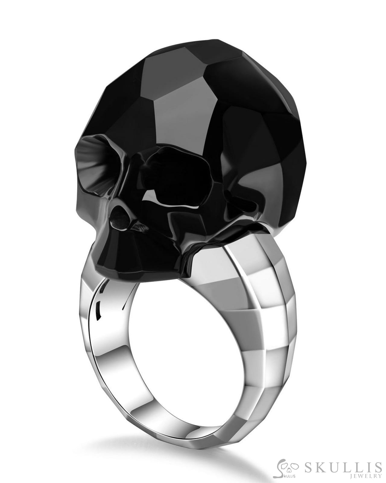 Gem Skull Ring of Black Obsidian Carved Faceted Skull in 925 Sterling Silver Skull Rings