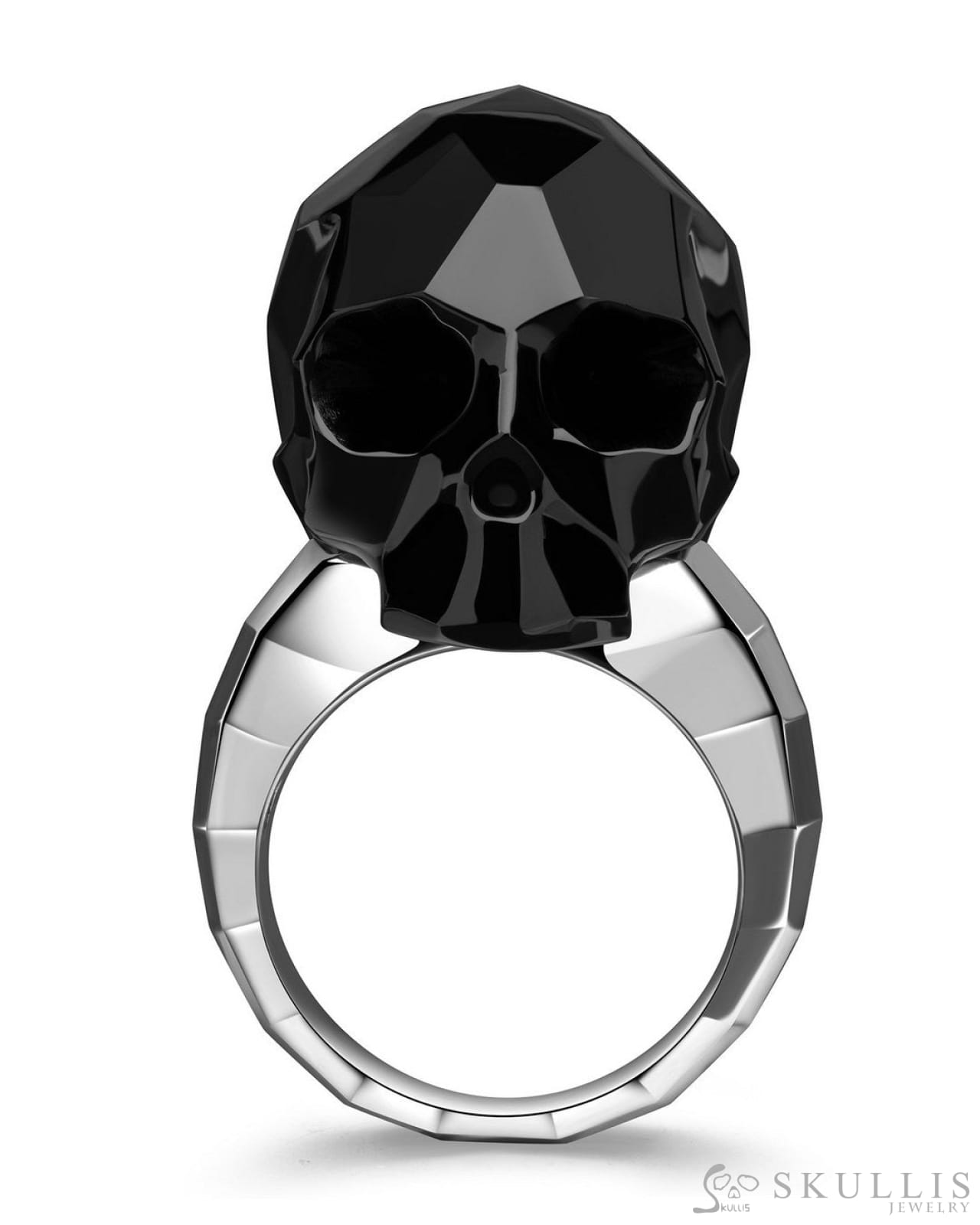 Gem Skull Ring of Black Obsidian Carved Faceted Skull in 925 Sterling Silver Skull Rings
