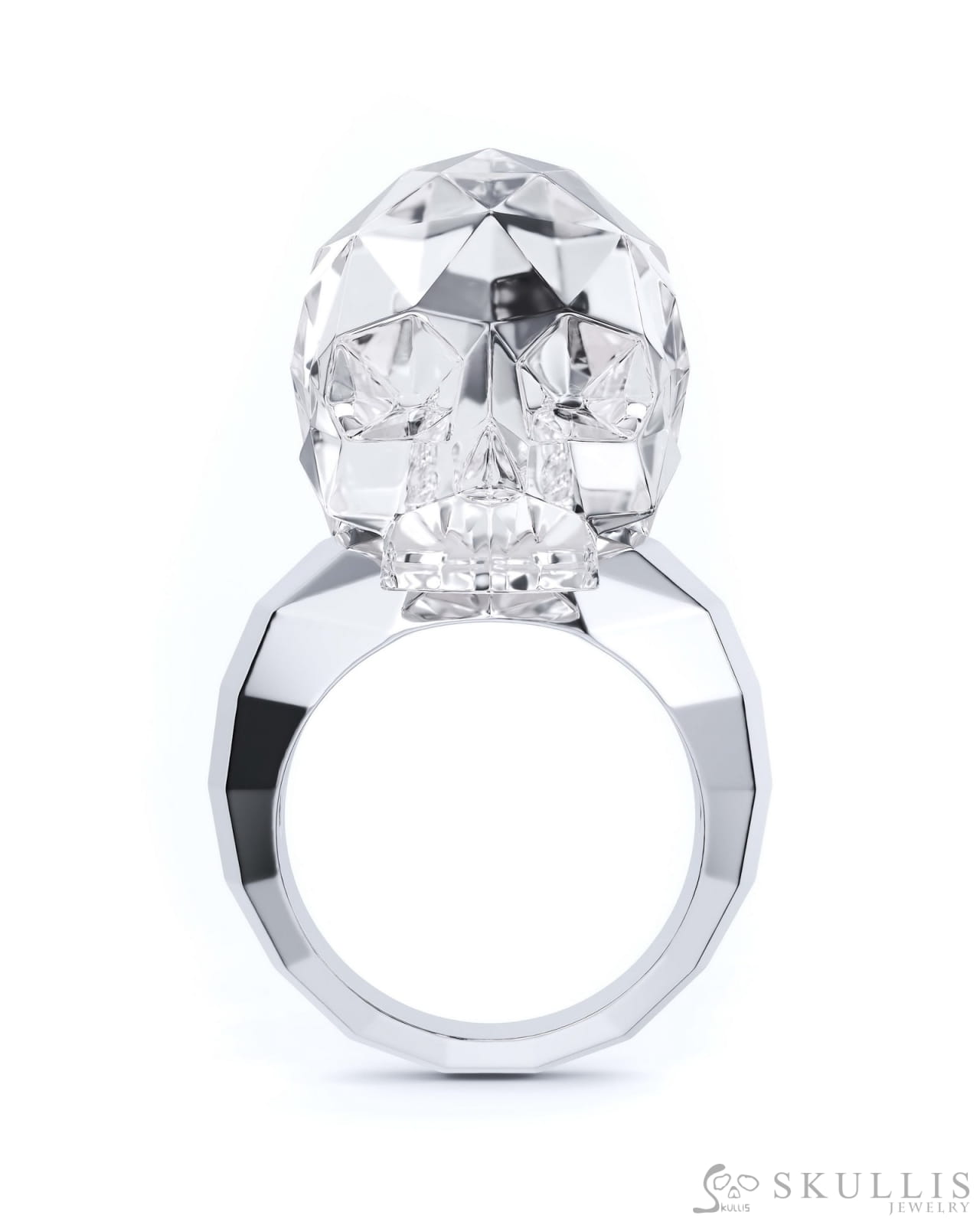 Gem Skull Ring of Faceted Quartz Rock Crystal Carved Skull in 925 Sterling Silver Skull Rings