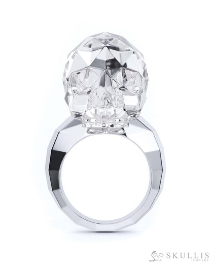Gem Skull Ring of Faceted Quartz Rock Crystal Carved Skull in 925 Sterling Silver Skull Rings