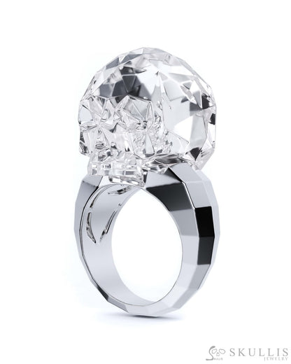 Gem Skull Ring of Faceted Quartz Rock Crystal Carved Skull in 925 Sterling Silver Skull Rings