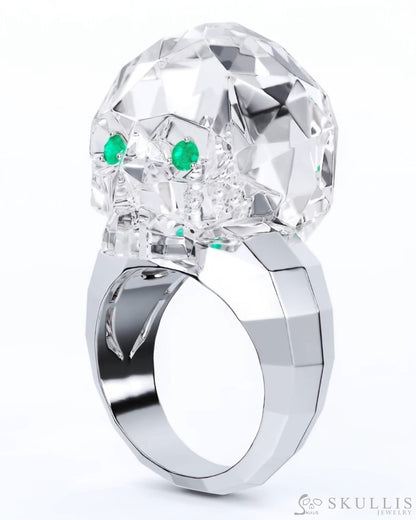 Gem Skull Ring of Quartz Rock Crystal Carved Faceted Skull with Emerald Eyes in 925 Sterling Silver Skull Rings