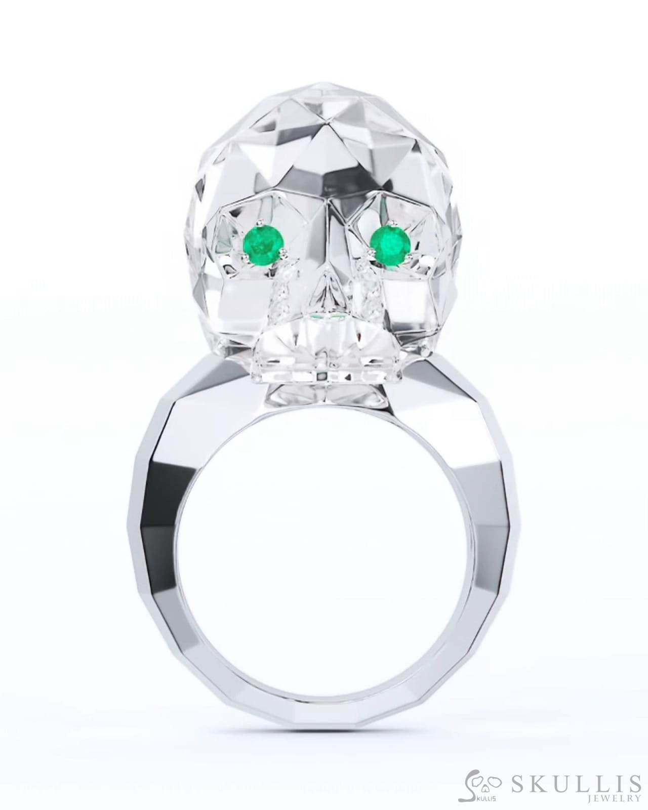 Gem Skull Ring of Quartz Rock Crystal Carved Faceted Skull with Emerald Eyes in 925 Sterling Silver Skull Rings