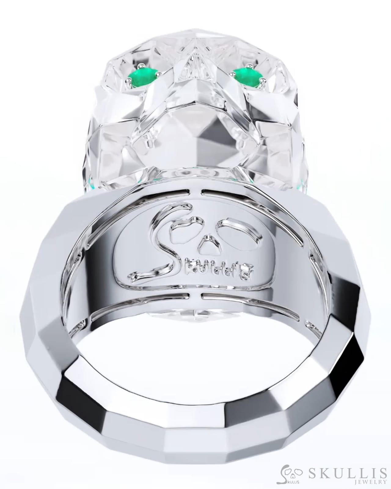 Gem Skull Ring of Quartz Rock Crystal Carved Faceted Skull with Emerald Eyes in 925 Sterling Silver Skull Rings