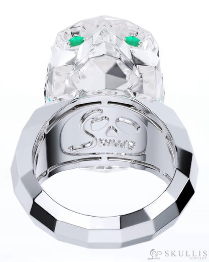 Gem Skull Ring of Quartz Rock Crystal Carved Faceted Skull with Emerald Eyes in 925 Sterling Silver Skull Rings