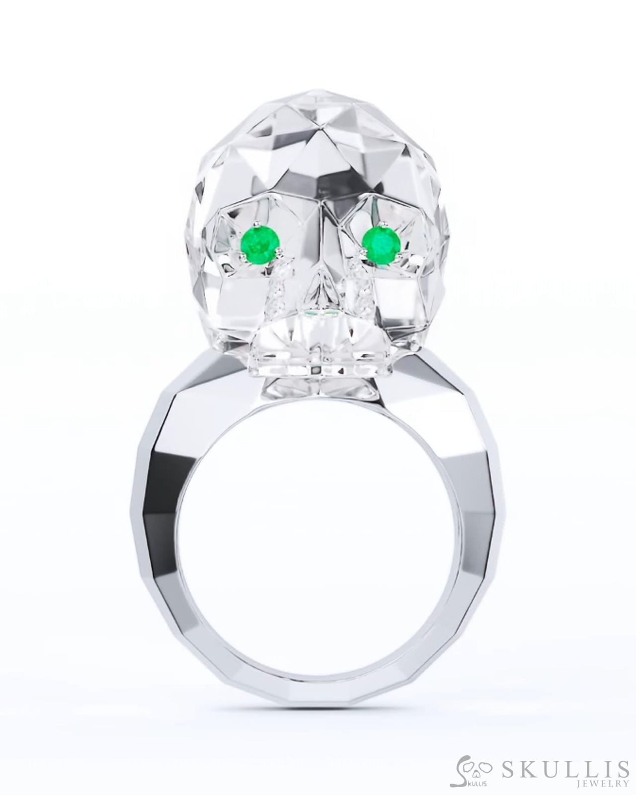 Gem Skull Ring of Quartz Rock Crystal Carved Faceted Skull with Tsavorite Eyes in 925 Sterling Silver Skull Rings