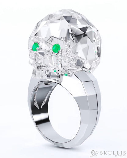 Gem Skull Ring of Quartz Rock Crystal Carved Faceted Skull with Tsavorite Eyes in 925 Sterling Silver Skull Rings