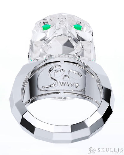 Gem Skull Ring of Quartz Rock Crystal Carved Faceted Skull with Tsavorite Eyes in 925 Sterling Silver Skull Rings