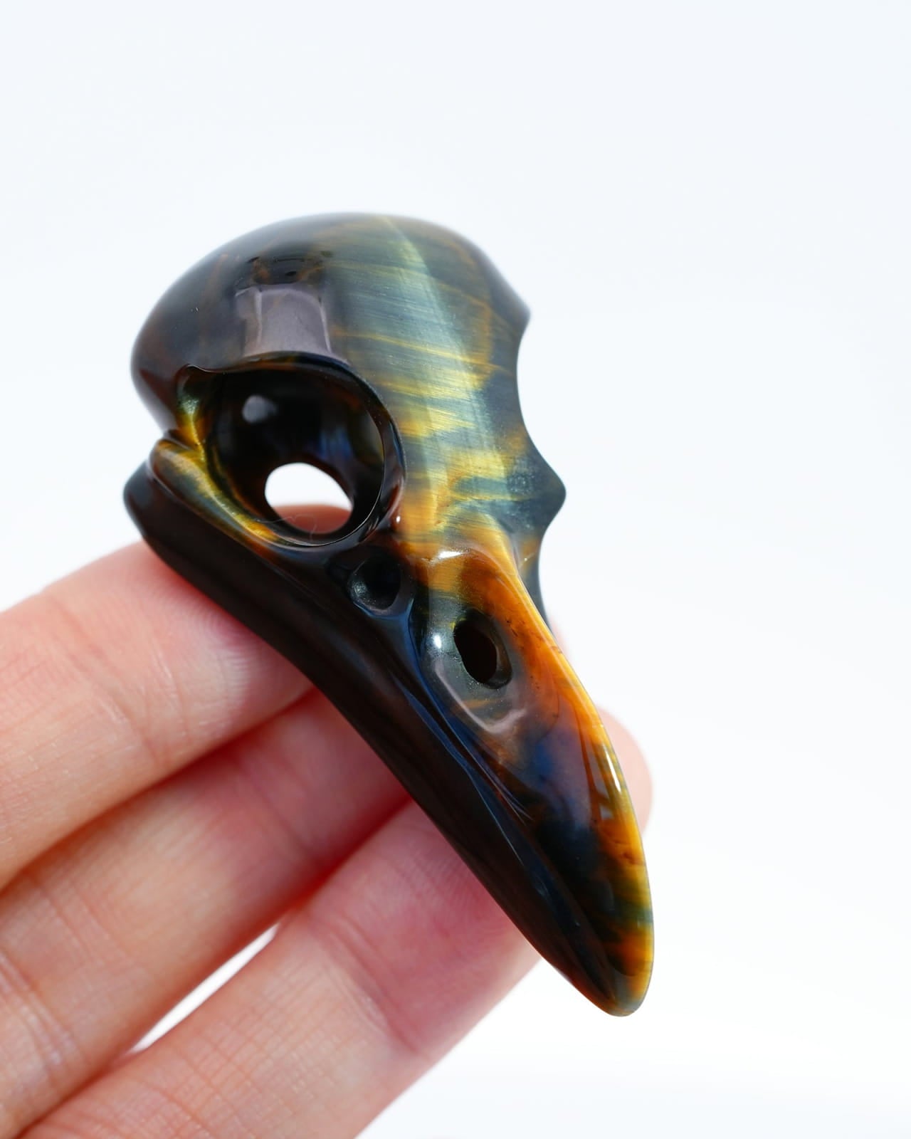 Skullis Signature Blue & Gold Tiger’s Eye Gem Skull Pendant Or Necklace Hand Carved Sterling