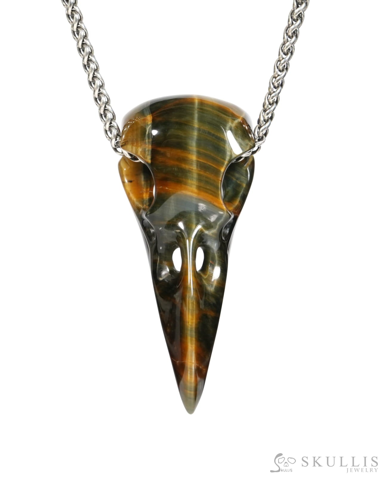 Flash Gem Raven Skull Pendant Necklace of Blue & Gold Tiger’s Eye Crystal Raven Pendant - ZR19900157 Skull Pendants