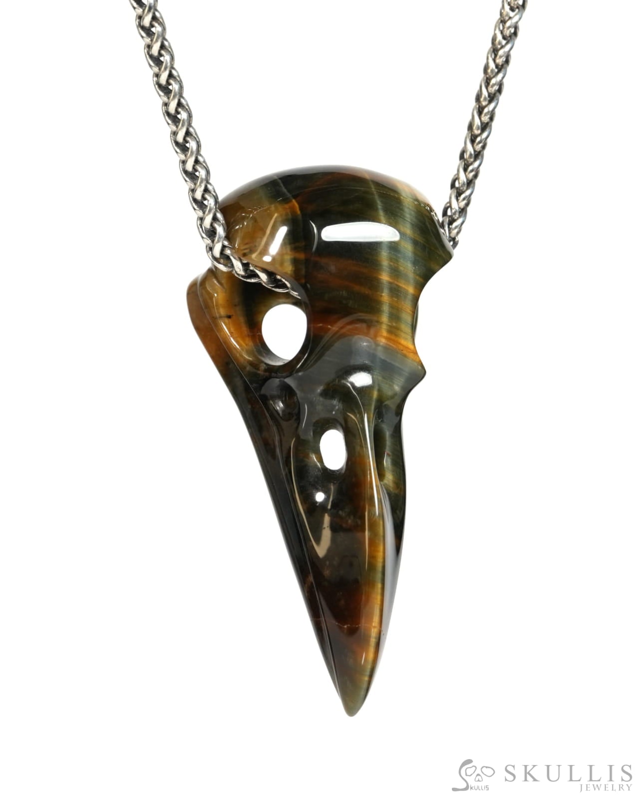 Flash Gem Raven Skull Pendant Necklace of Blue & Gold Tiger’s Eye Crystal Raven Pendant - ZR19900157 Skull Pendants