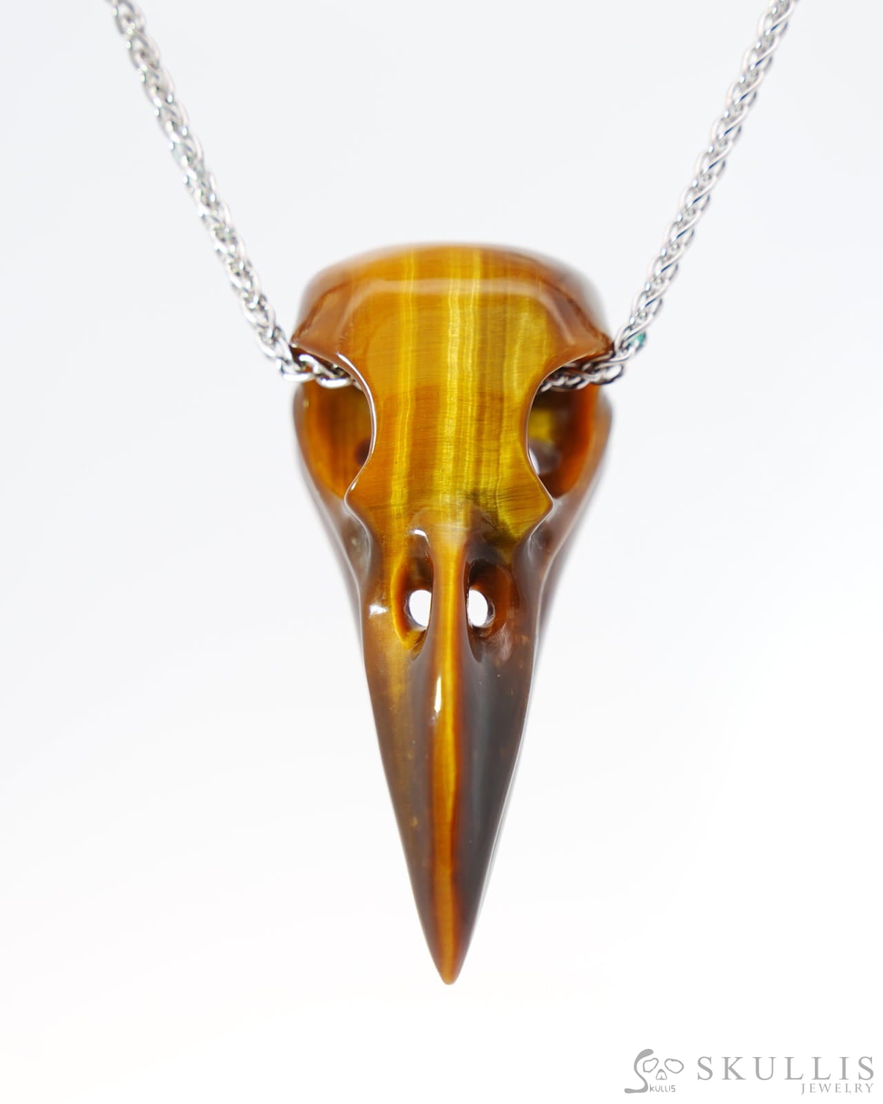 Flash Gem Raven Skull Pendant Necklace of Gold Tiger’s Eye Crystal Raven Pendant - 9800180 Skull Pendants