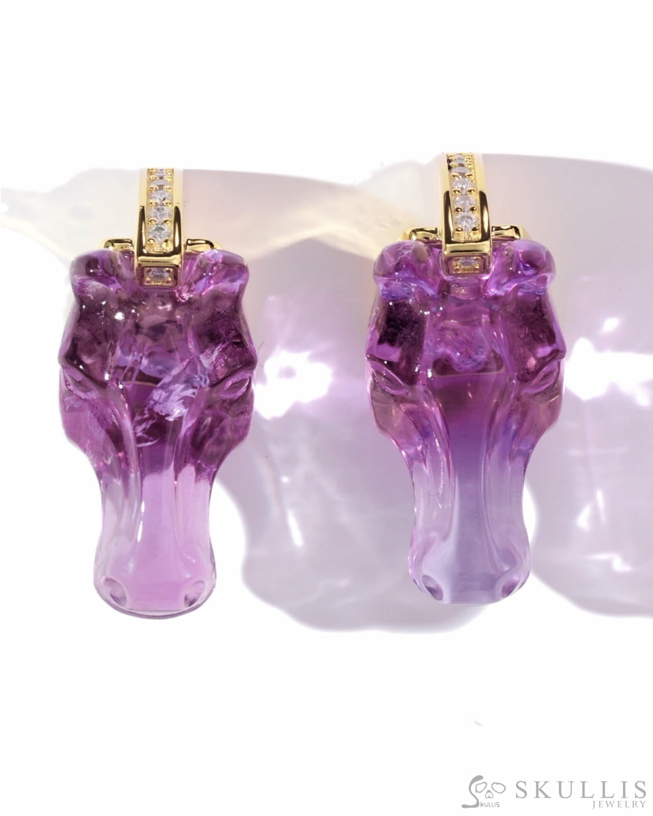 Gem Earrings Of Amethyst Carved Horse Head Skull Earrings