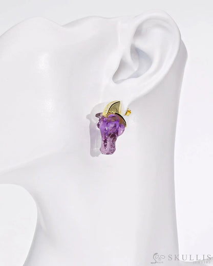 Gem Earrings Of Amethyst Carved Horse Head Skull Earrings